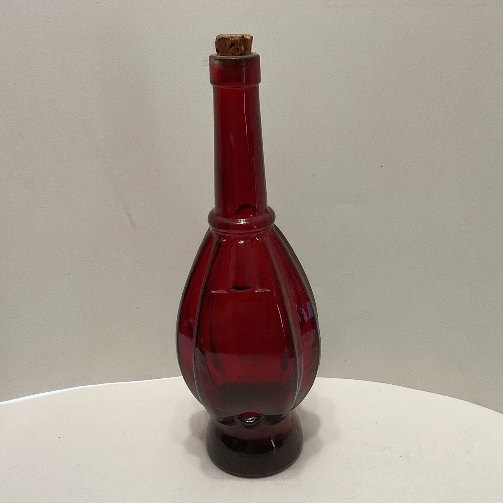 Vintage Glass Decanter Set Ruby Red Melon Emerald Green Embossed Bottles Corks